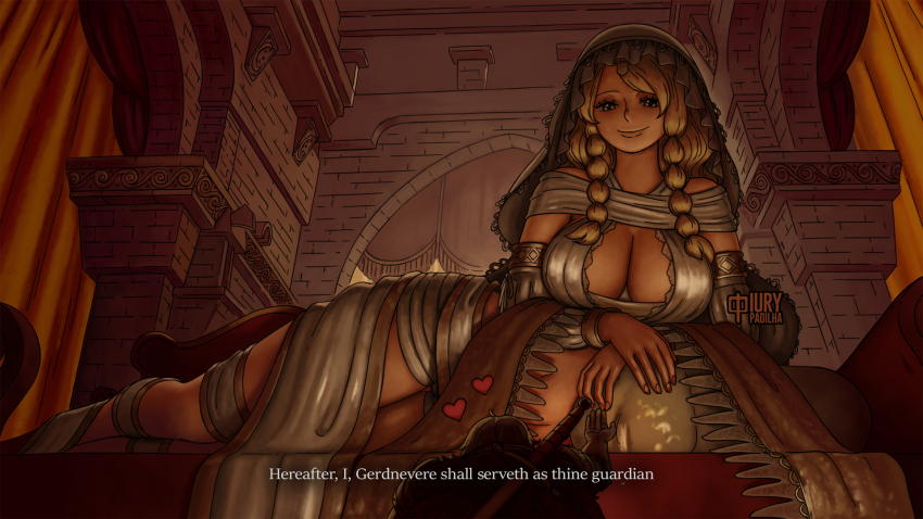 1boy, 1girl, blonde_hair, breasts, crossover, dark_souls_(series), english_text, gerd_(one_piece)