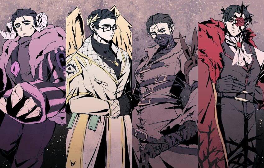 1boy, bandaged_arm, bandages, belt, black_gloves, black_hair, black_suit, brambles