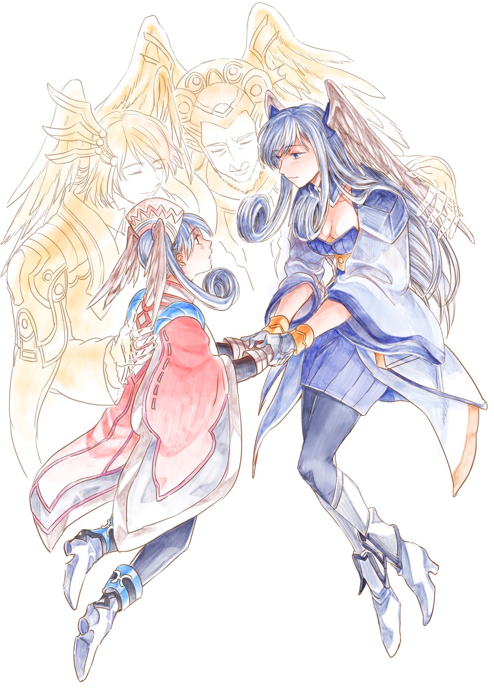 1girl, black_pantyhose, blue_eyes, boots, breasts, cape, cleavage, curly_hair