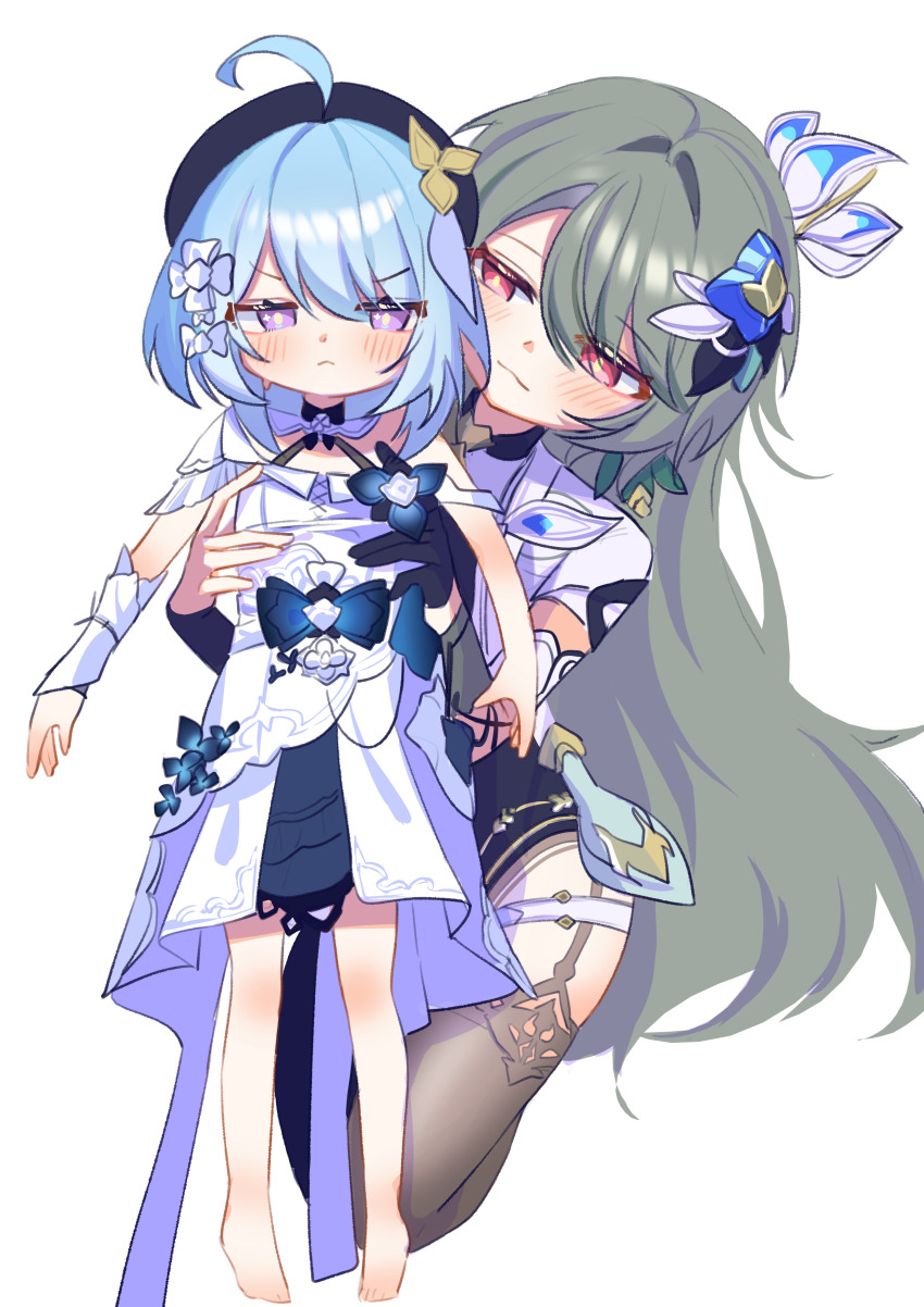 2girls, absurdres, ahoge, barefoot, beret, black_bodysuit, black_thighhighs, blue_hair