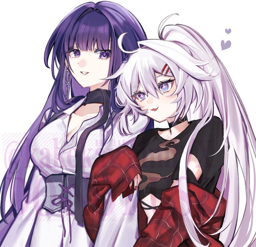 +_+, 2girls, ahoge, alternate_costume, artist_name, black_choker, black_shirt, blue_eyes