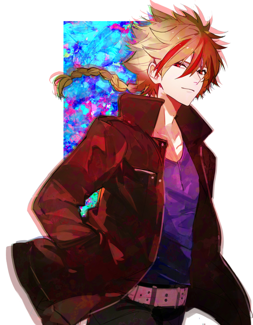 1boy, absurdres, belt, blonde_hair, blue_shirt, braid, brown_jacket, d66ch, fate/strange_fake, fate_(series), hand_in_pocket, highres, jacket, looking_at_viewer, male_focus, multicolored_hair, red_eyes, richard_i_(fate), richard_i_(second_ascension)_(fate), shirt, white_background, white_belt
