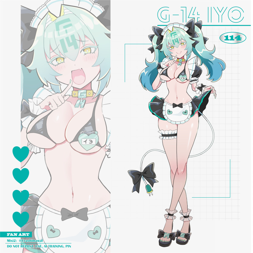 1girl, bikini, black_bikini, black_sandals, black_skirt, blush, breasts, character_name, cleavage, closed_mouth, clothes_lift, crossed_legs, electric_plug, electric_plug_tail, fang, finger_to_mouth, frilled_anklet, frilled_thigh_strap, frilled_wrist_cuffs, frills, full_body, g-14_iyo, green_hair, hair_between_eyes, highres, large_breasts, lifting_own_clothes, looking_at_viewer, mahjong_fight_girl, maid, maid_headdress, medium_hair, multiple_views, nahogiisio, nail_polish, name_tag, navel, open_mouth, sandals, short_twintails, skin_fang, skindentation, skirt, skirt_lift, smile, stomach, swimsuit, tail, thick_eyebrows, thigh_strap, toenail_polish, toenails, twintails, unconventional_maid, white_headdress, white_wrist_cuffs, wrist_cuffs