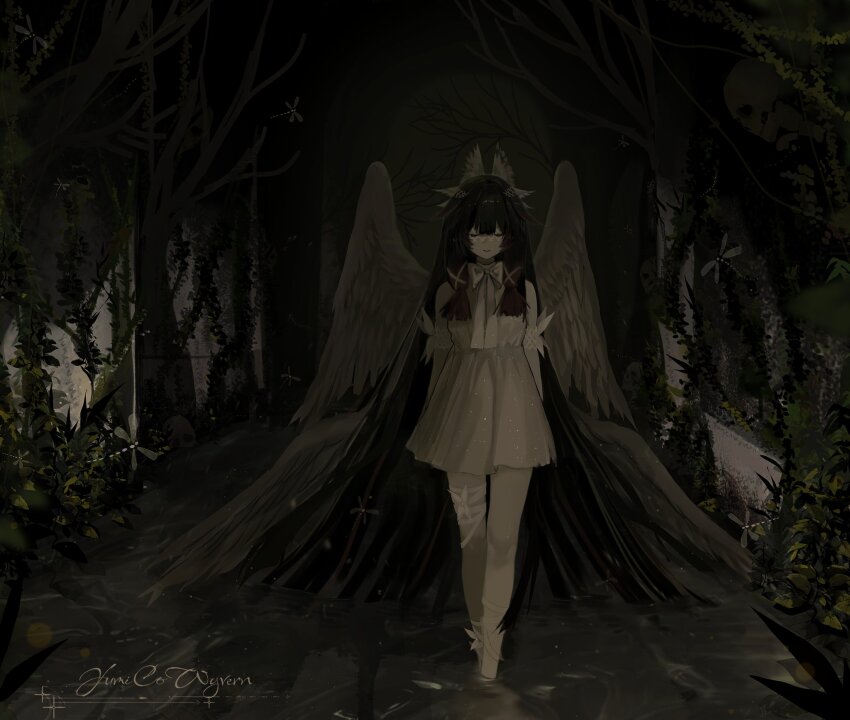 1girl, absurdly_long_hair, angel_wings, armlet, arms_behind_back, artist_name, bare_shoulders, black_hair