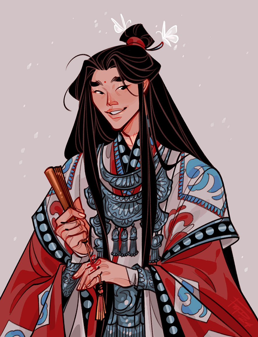 1boy, animal, black_eyes, black_hair, borrowed_clothes, bracer, bug, butterfly