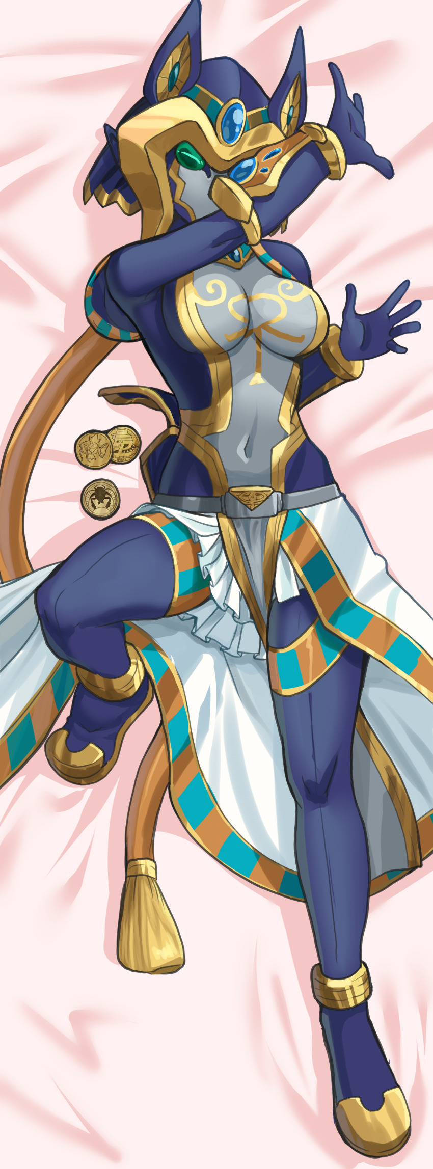 1girl, absurdres, amen_(isekai_red), black_bodysuit, bodysuit, breasts, commission, dakimakura_(medium), full_body, green_eyes, highres, large_breasts, lying, nico-mo, on_back, raniya_(isekai_red), sentai_red_isekai_de_boukensha_ni_naru, solo, tokusatsu