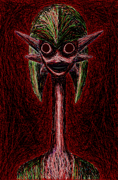 1other, anatomical_nonsense, black_background, black_eyes, body_horror, dress, empty_eyes, facing_viewer, fine_art_parody, gardevoir, gen_3_pokemon, green_dress, green_hair, hair_slicked_back, horror_(theme), long_bangs, long_neck, looking_at_viewer, microsoft_paint_(medium), nintendo, open_mouth, pale_skin, parody, parted_lips, pointy_ears, pokemon, pokemon_(creature), red_background, spring_0290_land, tomino's_hell, what