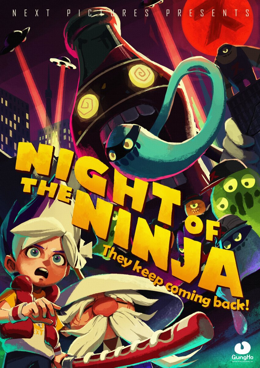 2boys, absurdres, alien, artist_request, baseball_cap, black_hat, black_pants, blue_eyes, bottle, bottle_cap, building, child, chocomin, city, closed_eyes, colored_sclera, commentary_request, company_name, creature, cyclops, drawstring, english_text, extra_eyes, facial_hair, food, fruit, gammlord, gammuo, genryusai, gloves, green_eyes, grey_helmet, gungho, hat, helmet, high_collar, highres, impossible_hair, ippon_katana_(ninjala), loco_soda, mimiron, multicolored_hair, multiple_boys, mustache, ninjala, nose, official_art, old, old_man, one-eyed, orange_(fruit), orange_slice, oranje, padded_vest, pants, pig_nose, popped_collar, print_hat, purple_hair, rice_hat, second-party_source, shirt, short_hair, soda, soda_bottle, standing, streaked_hair, striped_wristband, teeth, clothes_writing, thick_eyebrows, topknot, ufo, upper_teeth_only, van_(ninjala), white_gloves, white_hair, white_hat, white_shirt, window, wristband, yellow_eyes, yellow_sclera