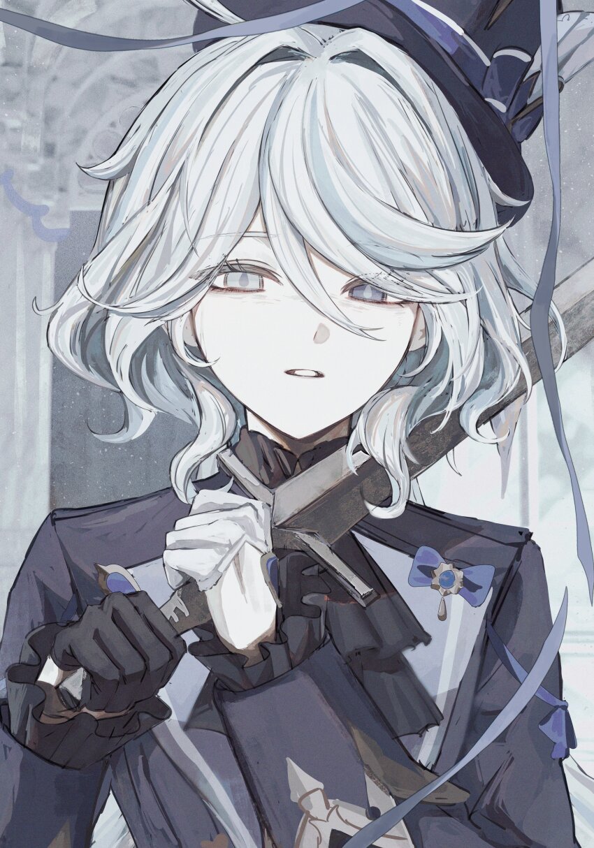 1girl, absurdres, black_gloves, blade_to_throat, bow, commentary, eyelashes, frilled_sleeves