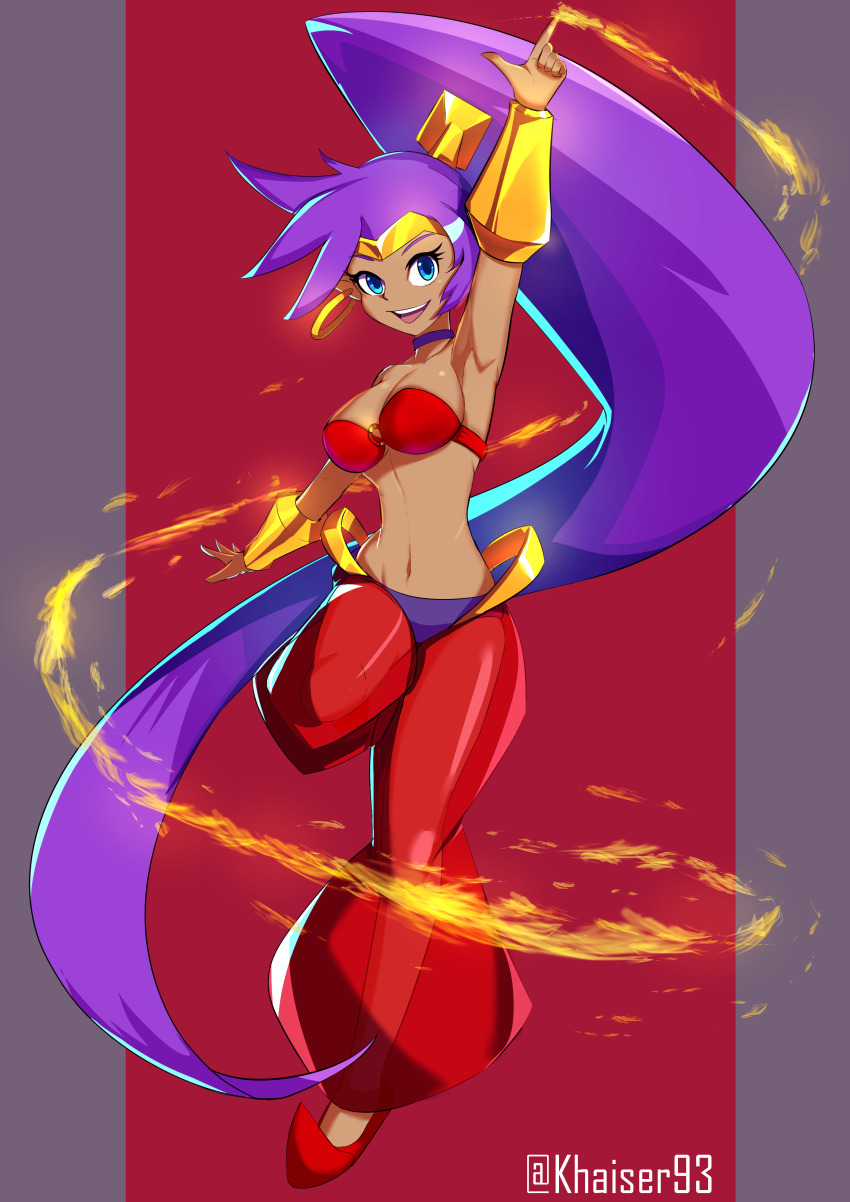 1girl, absurdres, arm_up, armpits, bandeau, bare_shoulders, blue_eyes, breasts, circlet, cleavage, dark-skinned_female, dark_skin, earrings, fire, genie, gold_bracer, gold_earrings, hand_up, harem_pants, high_ponytail, highres, jewelry, khaizer, large_breasts, long_hair, midriff, navel, o-ring, o-ring_top, open_mouth, pants, pointy_ears, pointy_shoes, ponytail, purple_hair, pyrokinesis, red_pants, see-through_clothes, see-through_pants, shantae, shantae_(series), shoes, smile, solo, standing, standing_on_one_leg, very_long_hair