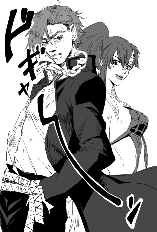 1boy, 1girl, araki_hirohiko_(style), chain, coat, cosplay, gakuran, greyscale