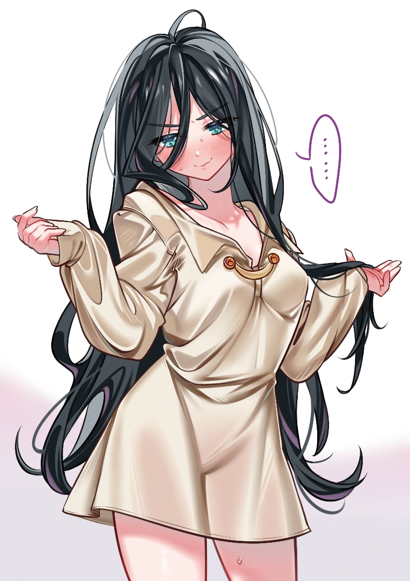 ..., 1girl, black_hair, blue_eyes, blush, hair_between_eyes, hands_up, hello_silly0081