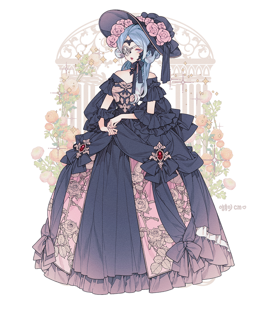 1girl, au_ra, bare_shoulders, black_dress, black_hat, black_ribbon, black_tiara, blue_hair