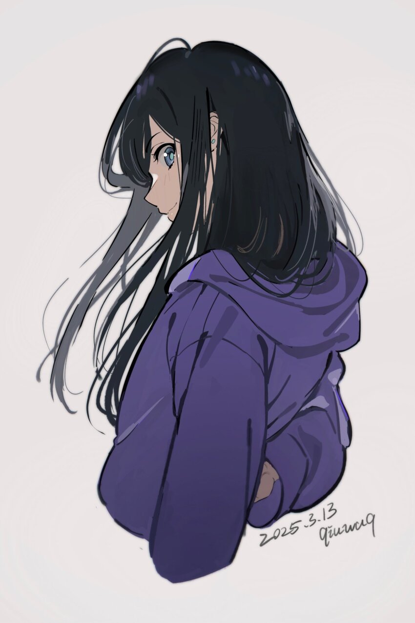 1girl, arm_behind_back, artist_name, black_hair, blue_eyes, dated, highres, hirose_natsuko