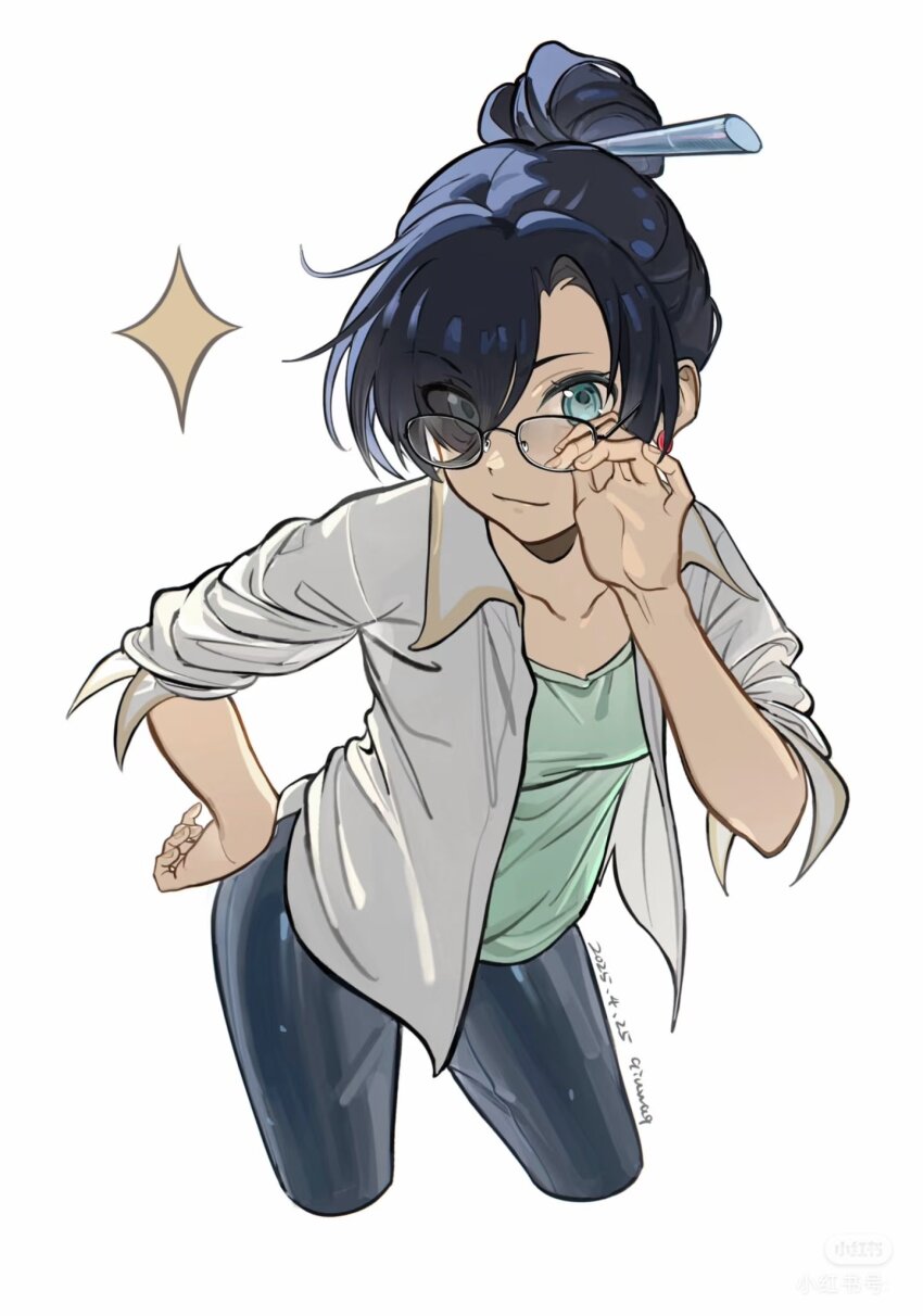 1girl, artist_name, black_hair, black_pants, blue_eyes, dated, glasses, green_shirt