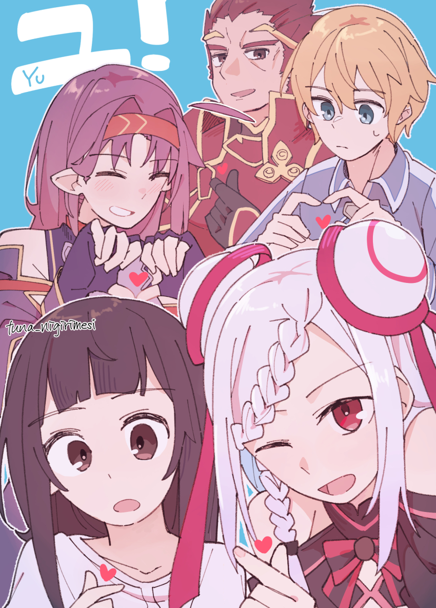 2boys, 3girls, :d, :o, ;d, ahoge, armor, artist_name