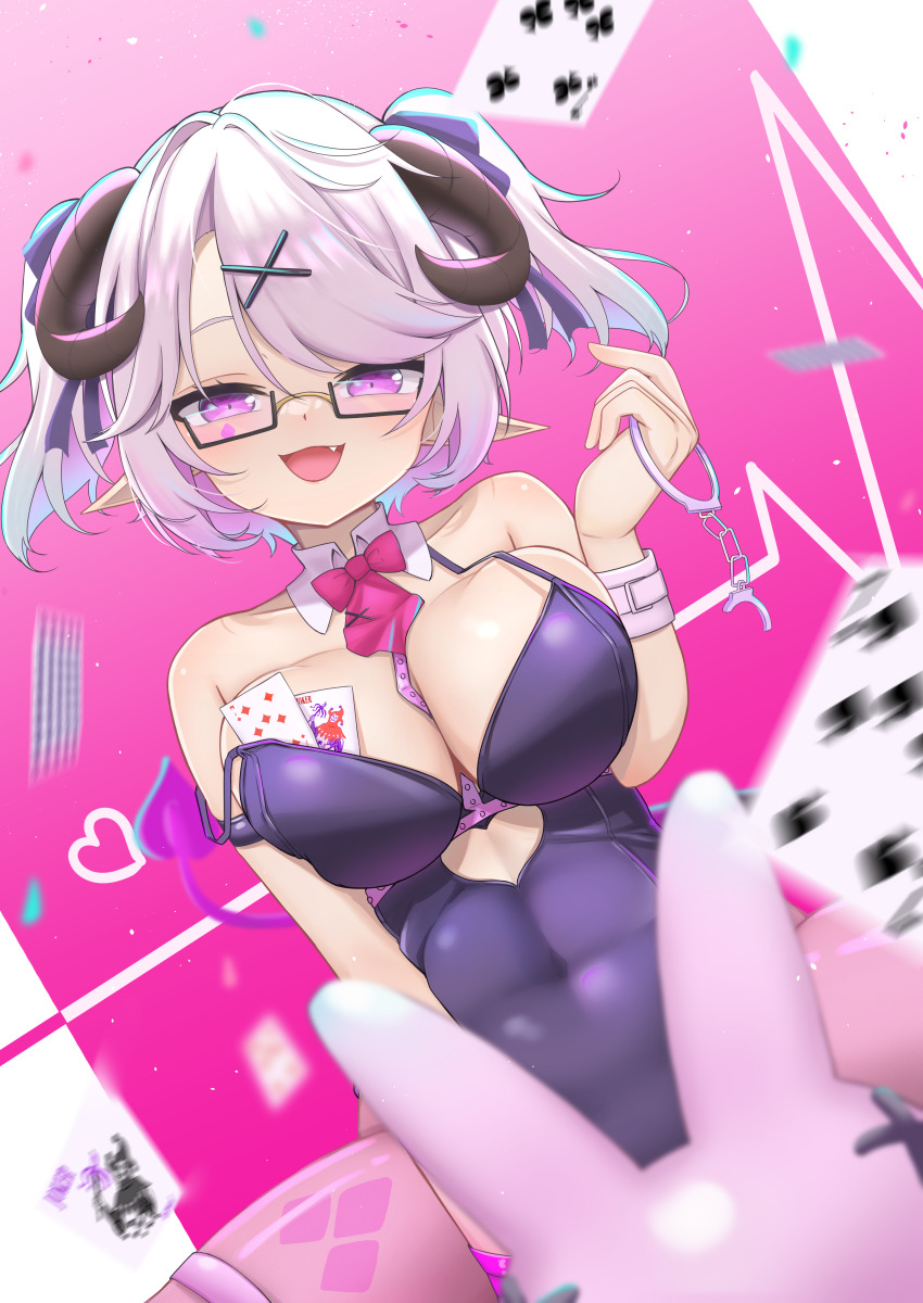 1girl, absurdres, breasts, card, cleavage, cloudhorizon_studios, cosplay, covered_navel, cuffs, curved_horns, detached_collar, fourierkaeru, handcuffs, hatsune_miku, hatsune_miku_(cosplay), highres, jiaolian_caren, large_breasts, playboy_bunny, playing_card, pointy_ears, purple_eyes, rabbit_hole_(vocaloid), riding, semi-rimless_eyewear, solo, strap_slip, tail, virtual_youtuber, white_hair
