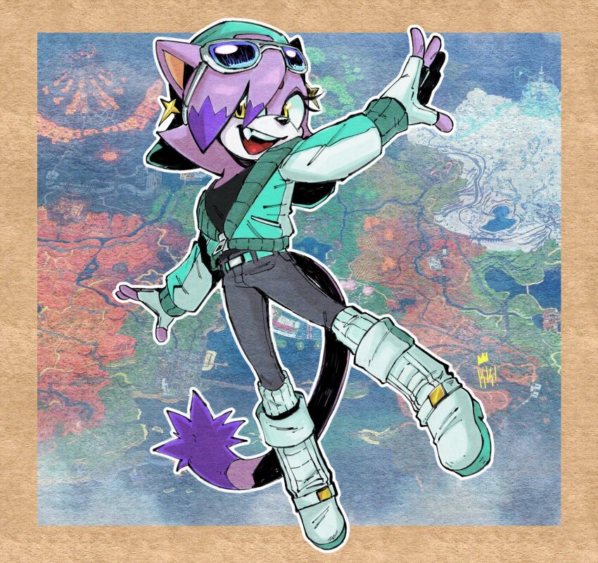 1girl, animal_ears, backwards_hat, belt, blaze_the_cat, boots, cat_ears, cat_girl, cat_tail, colored_tips, cosplay, earrings, eyewear_on_head, fang, fingerless_gloves, forehead_jewel, gloves, hat, highres, jacket, jewelry, kryptiq_kreachur, map, mario_(series), mario_kart, mario_kart_world, multicolored_hair, nintendo, open_clothes, open_jacket, purple_fur, purple_hair, rosalina, rosalina_(cosplay), rosalina_(touring), signature, smile, sonic_(series), star_(symbol), star_earrings, tail, white_boots, world_map, yellow_eyes