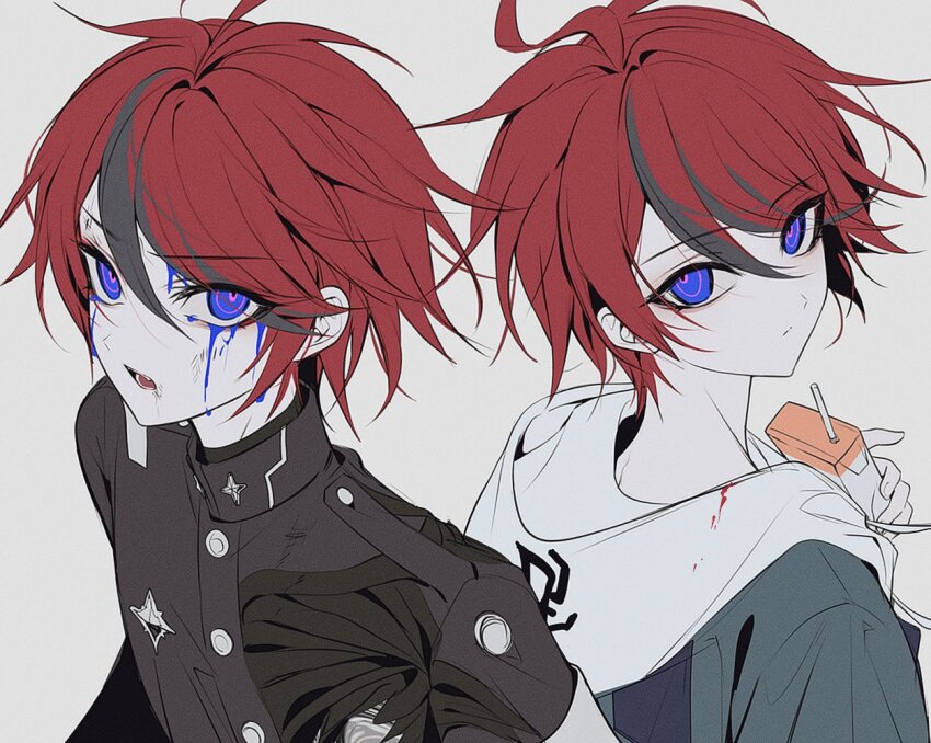 1boy, 4ro_1011, armband, black_jacket, blood, bloody_tears, blue_blood, blue_eyes