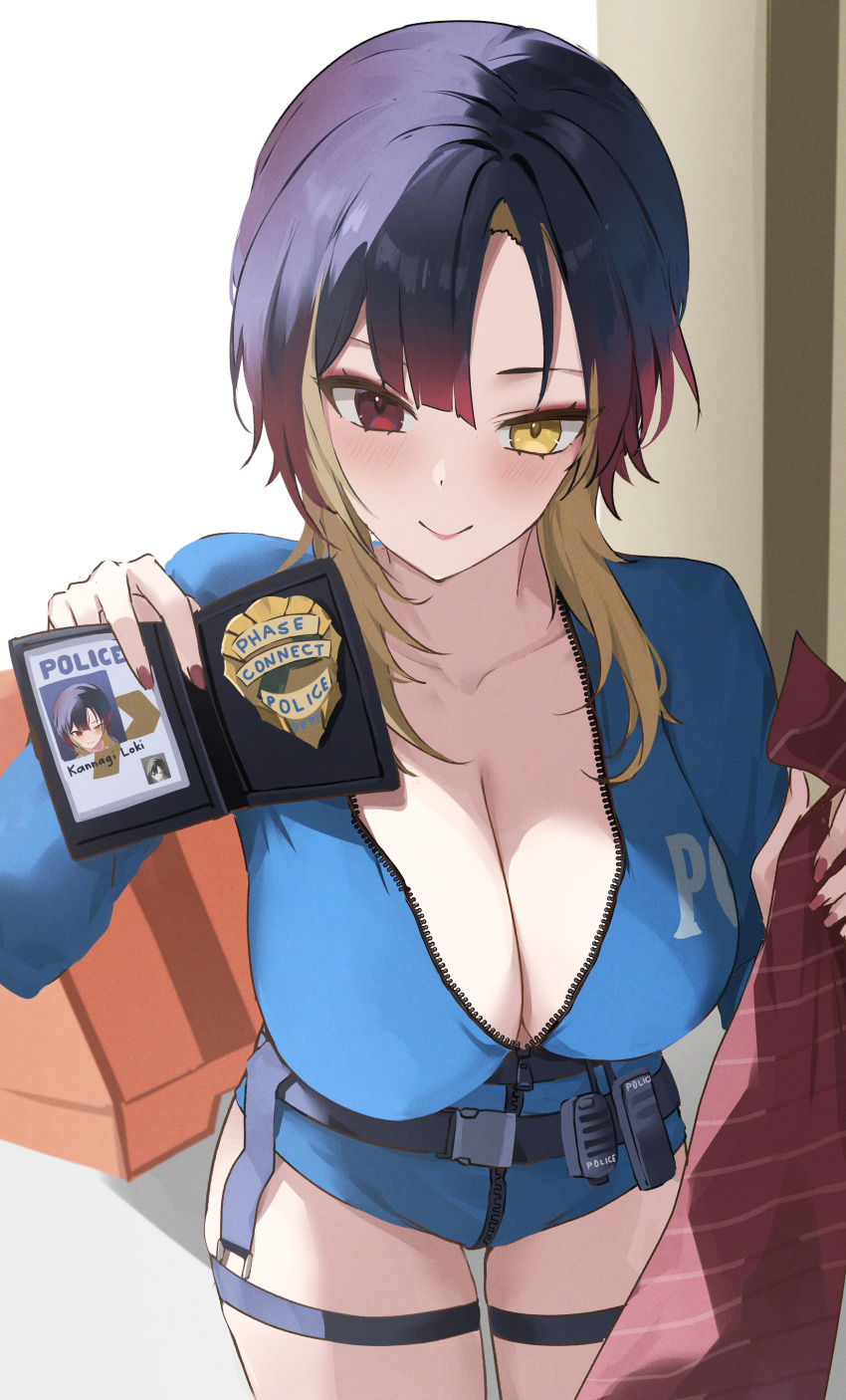 1girl, absurdres, black_hair, blonde_hair, breasts, character_name, cleavage, closed_mouth