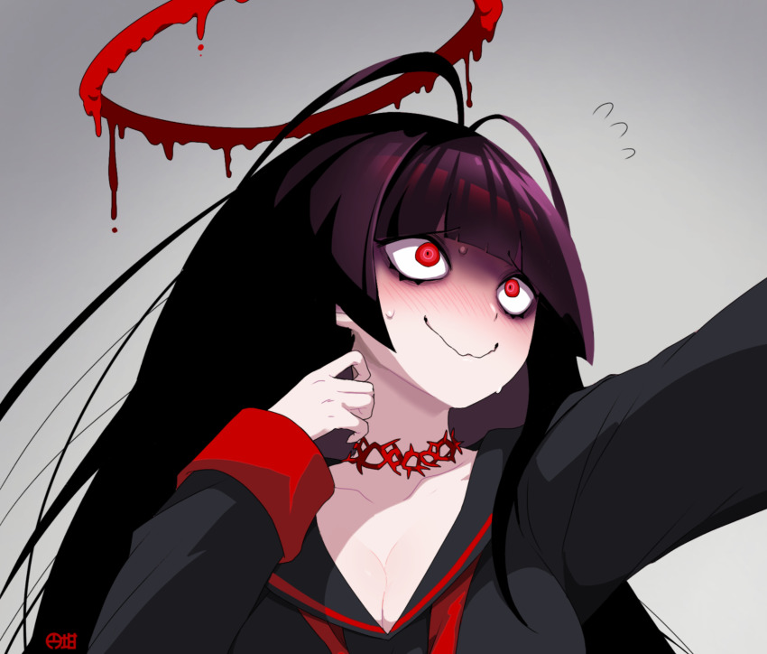 1girl, antenna_hair, black_hair, black_serafuku, blue_archive, blunt_bangs, breasts, choker