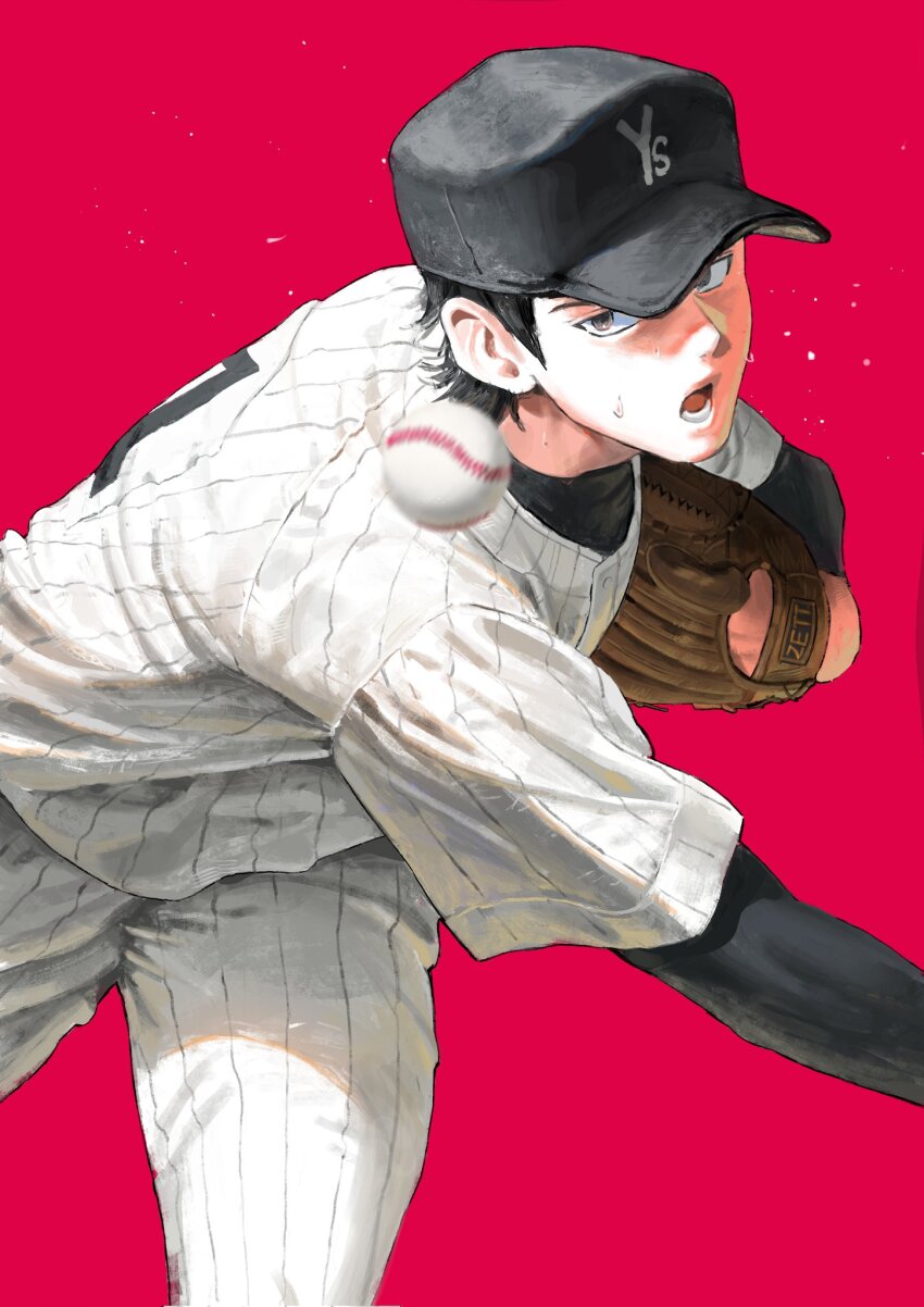 1boy, ace_of_diamond, ball, baseball_(object), baseball_cap, baseball_glove, baseball_uniform, black_hair