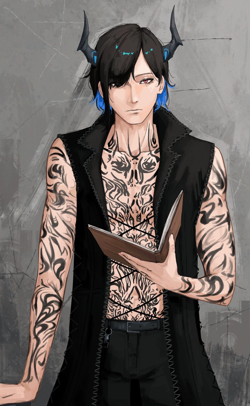 1boy, absurdres, belt, black_belt, black_coat, black_hair, black_horns, black_pants