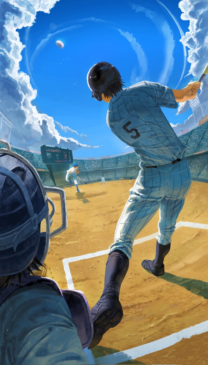 4boys, ace_of_diamond, back, ball, baseball, baseball_(object), baseball_bat, baseball_cap