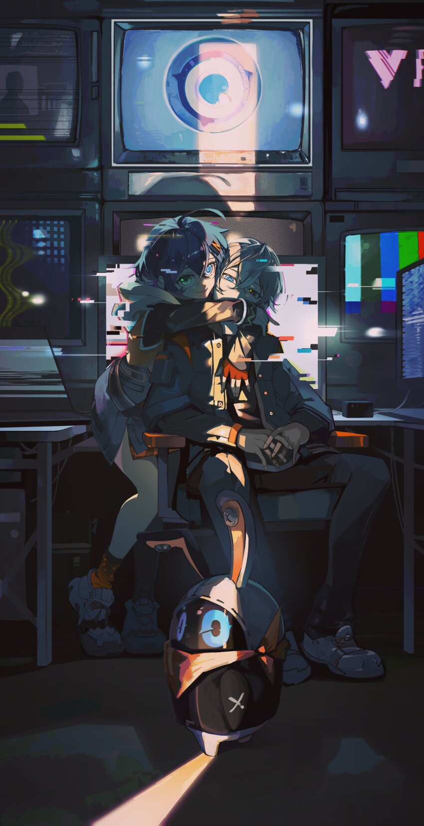 1boy, 1girl, absurdres, ahoge, alternate_eye_color, arms_around_neck, asymmetrical_legwear, bangboo_(zenless_zone_zero)