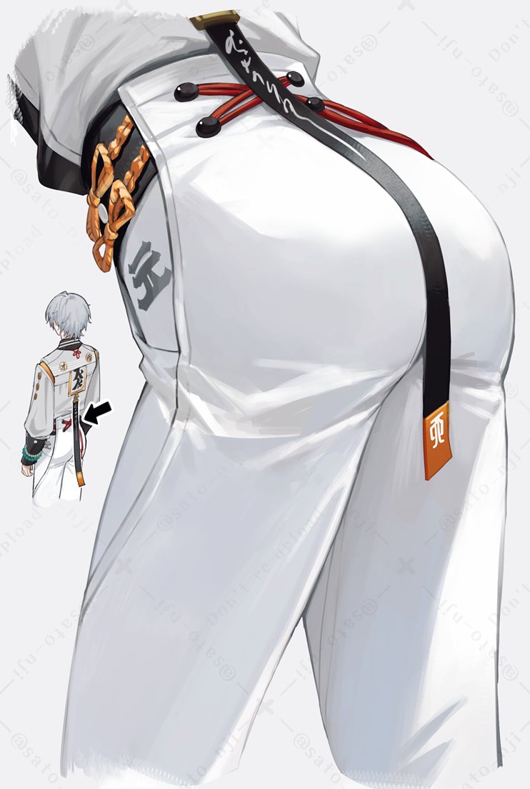 1boy, ass, ass_focus, back, cropped_legs, from_behind, grey_hair, long_sleeves