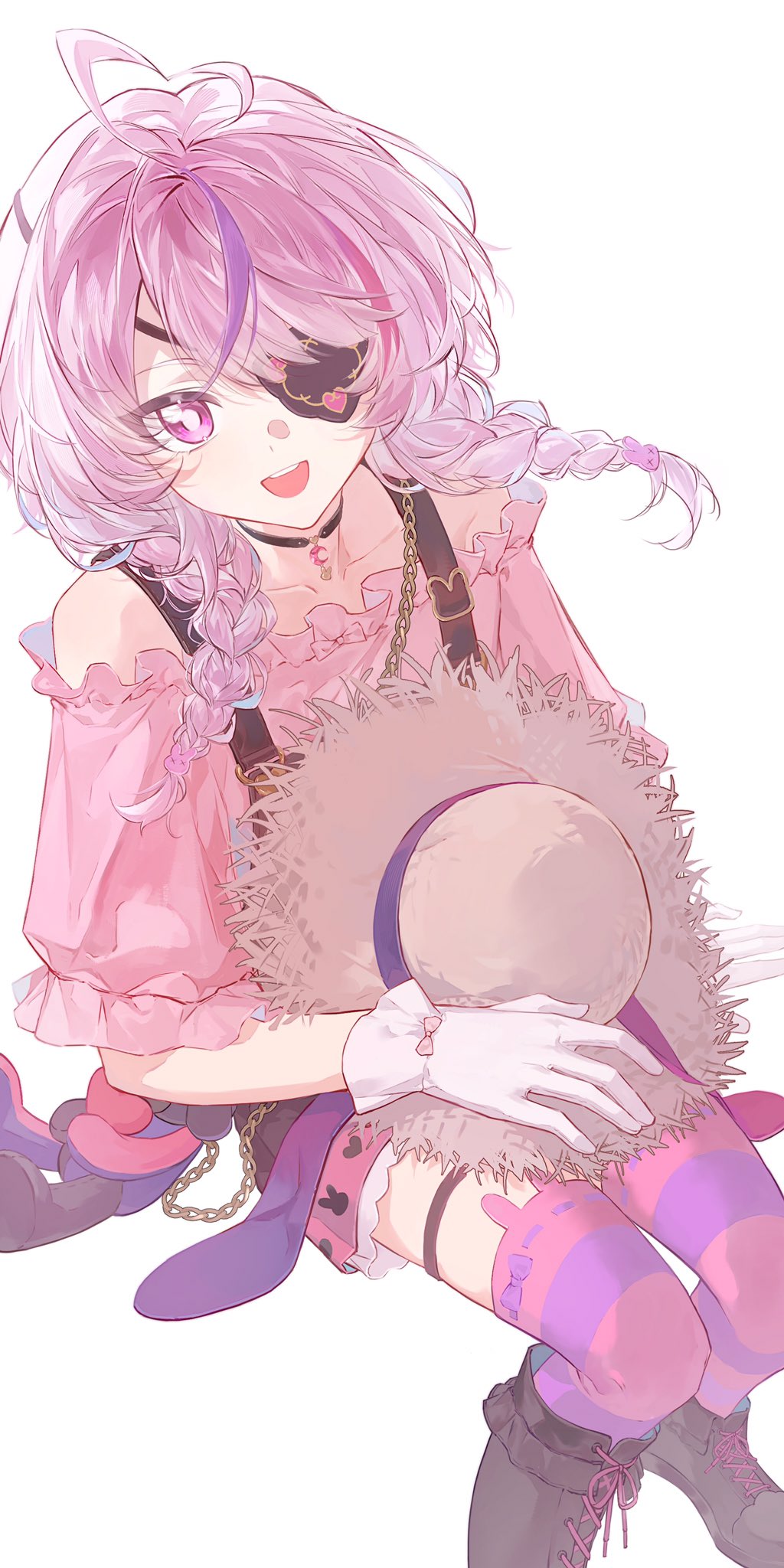 1girl, :d, ahoge, braid, choker, collarbone, eyepatch, gloves