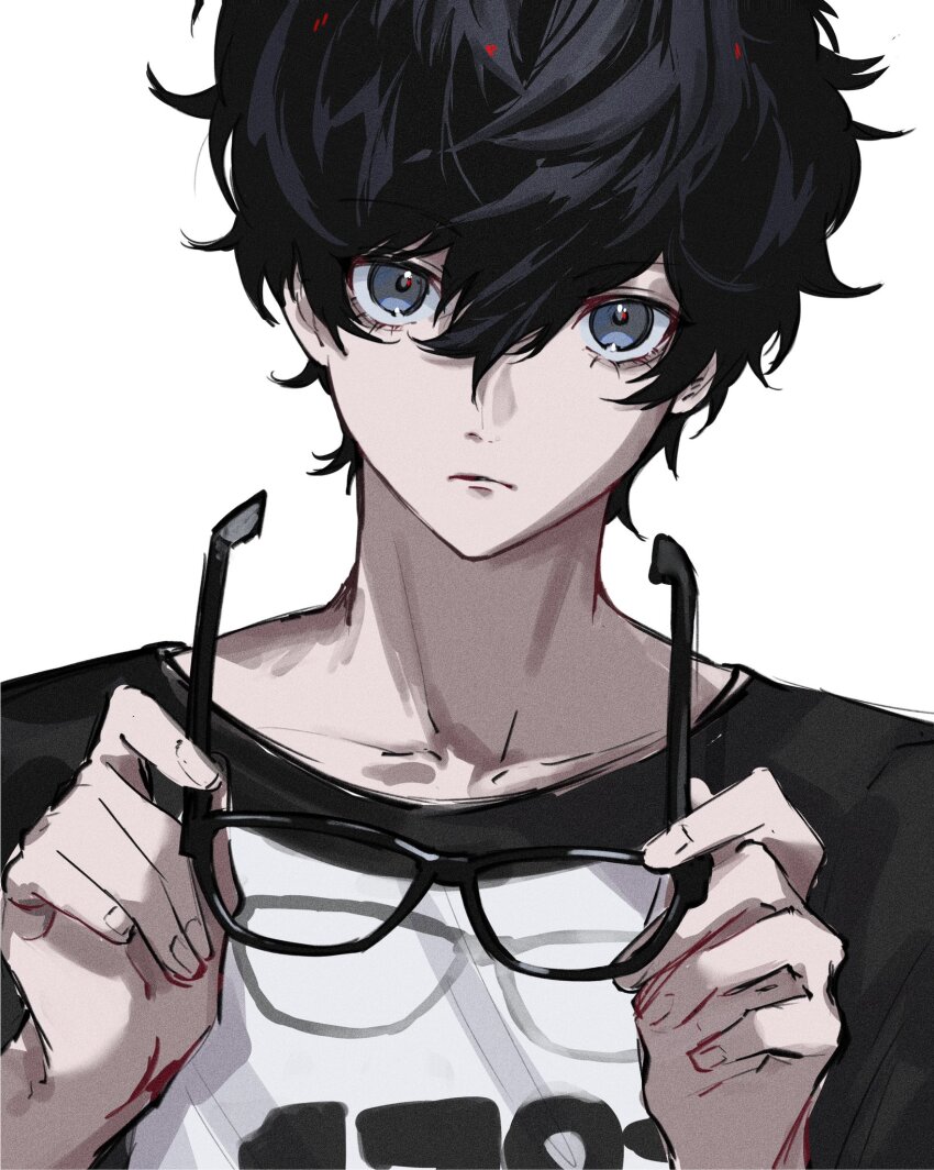 1boy, amamiya_ren, black-framed_eyewear, black_eyes, black_hair, black_shirt, closed_mouth, fingernails