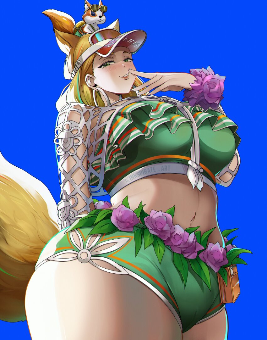 1girl, absurdres, animal_ears, blonde_hair, blue_background, breasts, brown_tail, earrings