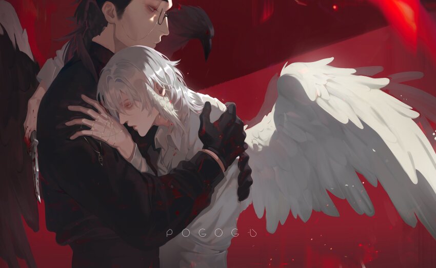 2boys, absurdres, angel_wings, black_coat, black_gloves, black_hair, black_wings, blood