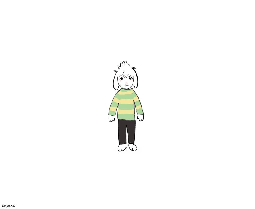 1boy, absurdres, animal_ears, artist_name, asriel_dreemurr, barefoot, black_pants, closed_mouth