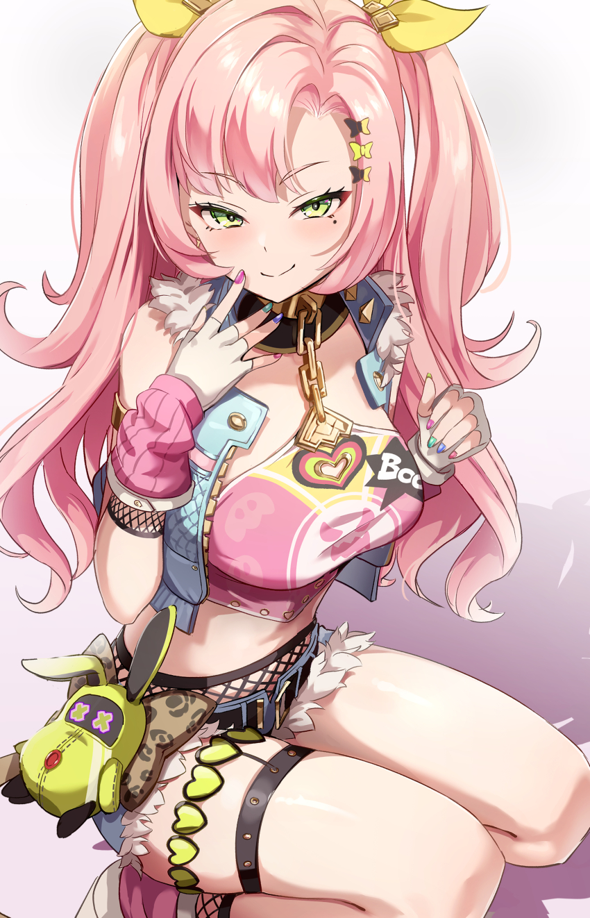 1girl, absurdres, amillion_(zenless_zone_zero), arm_warmers, bangboo_(zenless_zone_zero), breasts, choker, crop_top