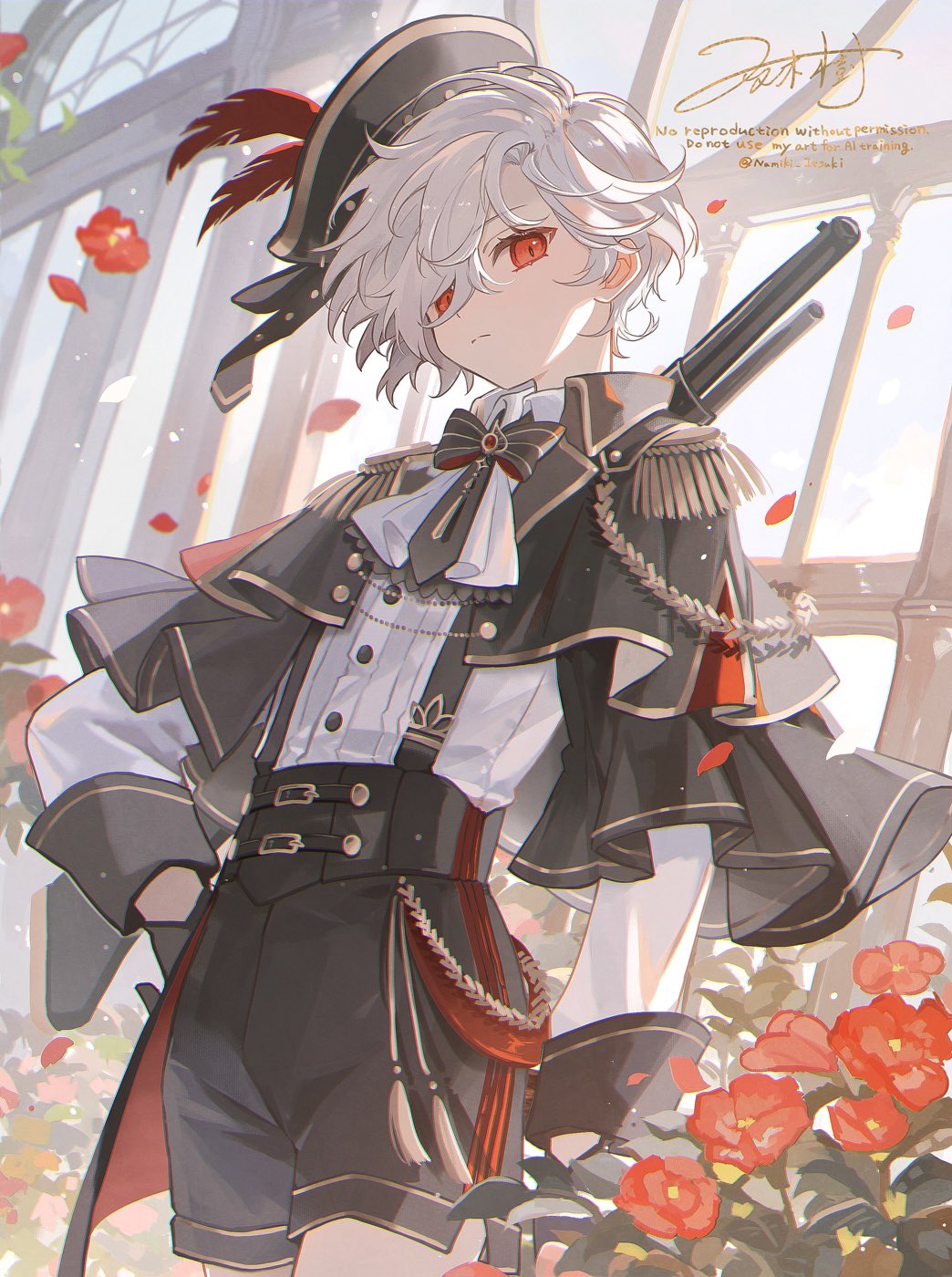 1boy, arched_window, belt, brooch, capelet, epaulettes, falling_petals, hat_feather