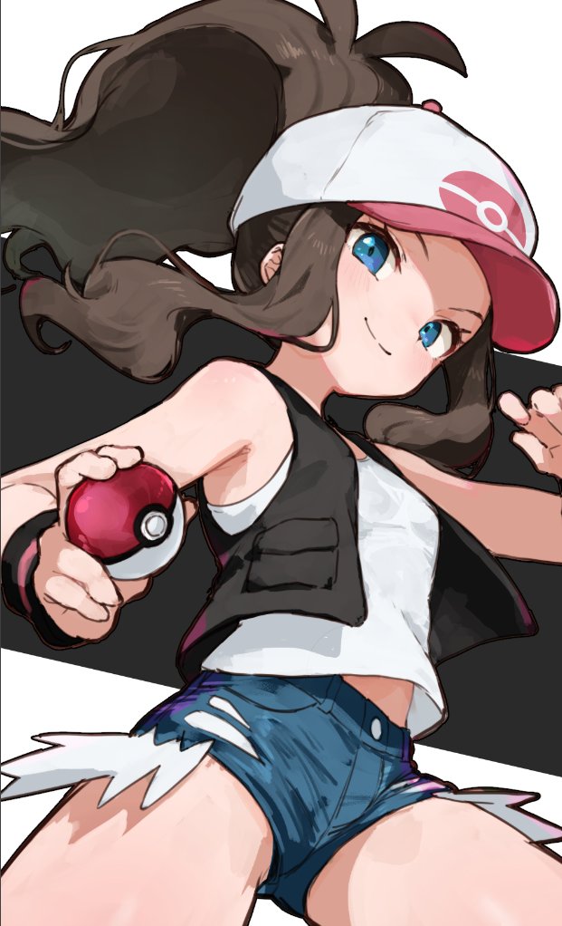 1girl, armpit_crease, bare_shoulders, baseball_cap, black_vest, blue_eyes, brown_hair, closed_mouth