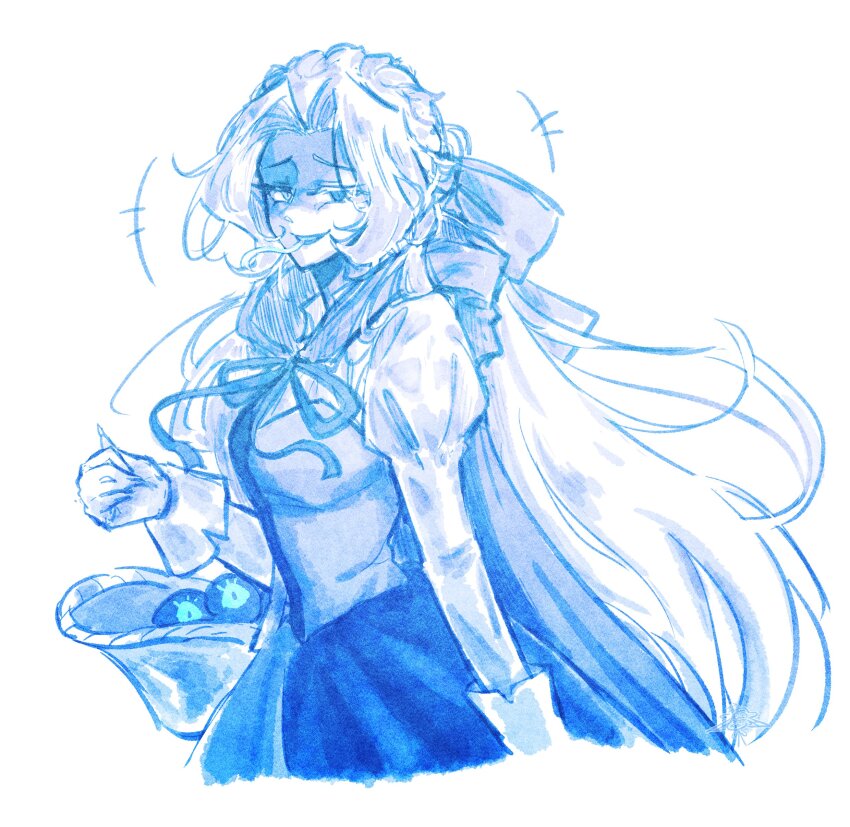 1girl, absurdres, blue_dress, blue_skin, colored_skin, commentary, cookie_run, cookie_run:_kingdom