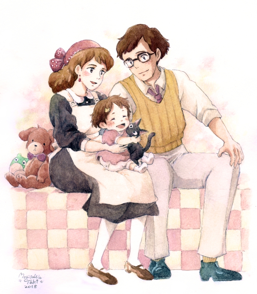 1boy, 2girls, absurdres, aged_down, apron, baby, brown_hair, child