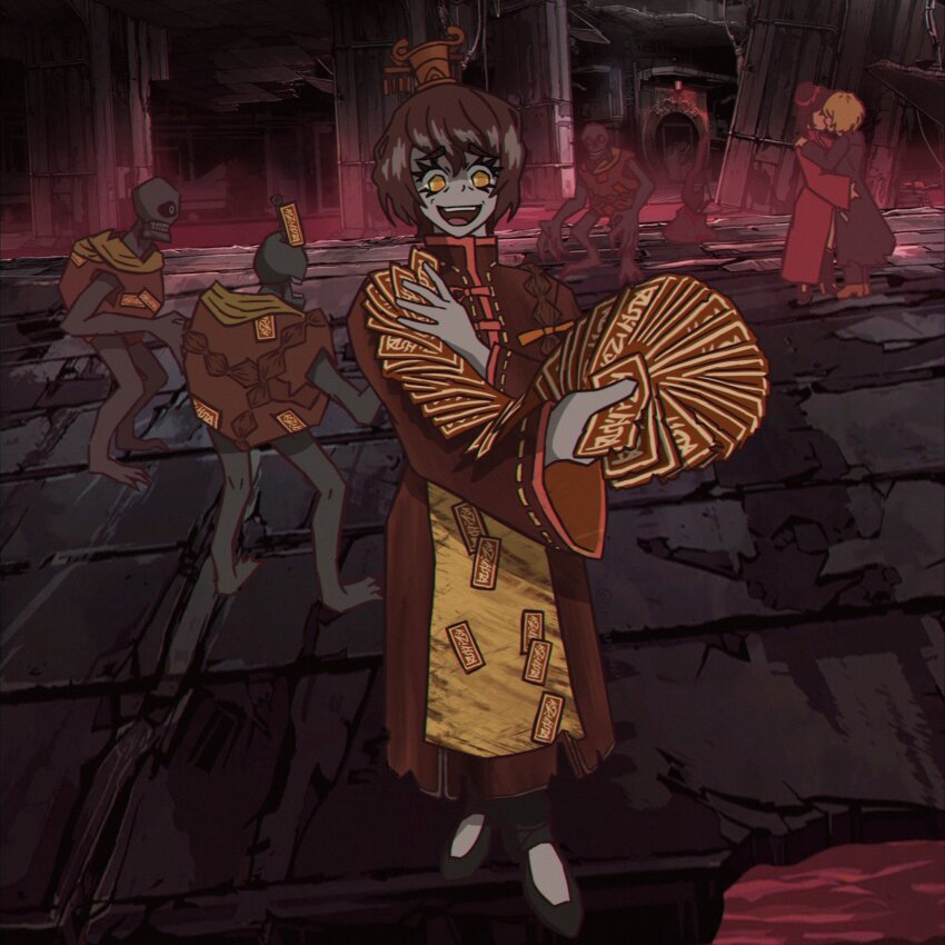 black_hair, blonde_hair, boots, braid, brown_boots, brown_eyes, brown_hair, china_dress