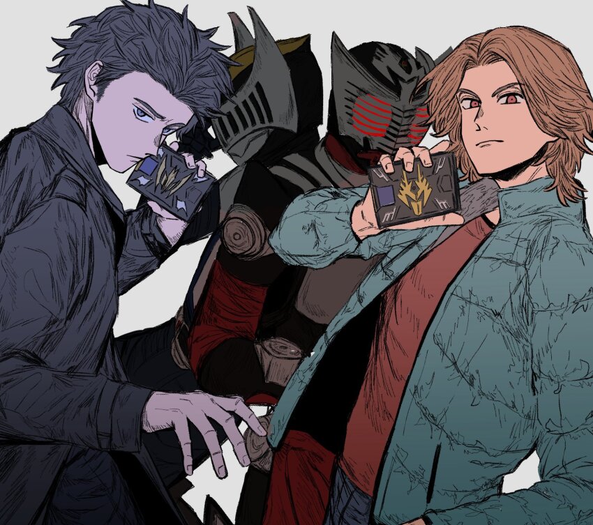 2boys, advent_deck, armor, black_bodysuit, black_coat, black_eyes, black_hair, blue_jacket, bodysuit, brown_eyes, brown_hair, coat, colored_skin, commentary_request, cowboy_shot, glowing, glowing_eyes, grey_background, group_picture, helmet, highres, jacket, kamen_rider, kamen_rider_ryuga, kamen_rider_ryuki, kamen_rider_ryuki_(series), kido_shinji, male_focus, mirror_shinji, multiple_boys, red_bodysuit, short_hair, simple_background, tantotete904, tokusatsu