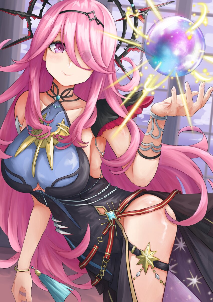 1girl, absurdres, breasts, collarbone, crystal_ball, hair_over_one_eye, heaven_burns_red, highres