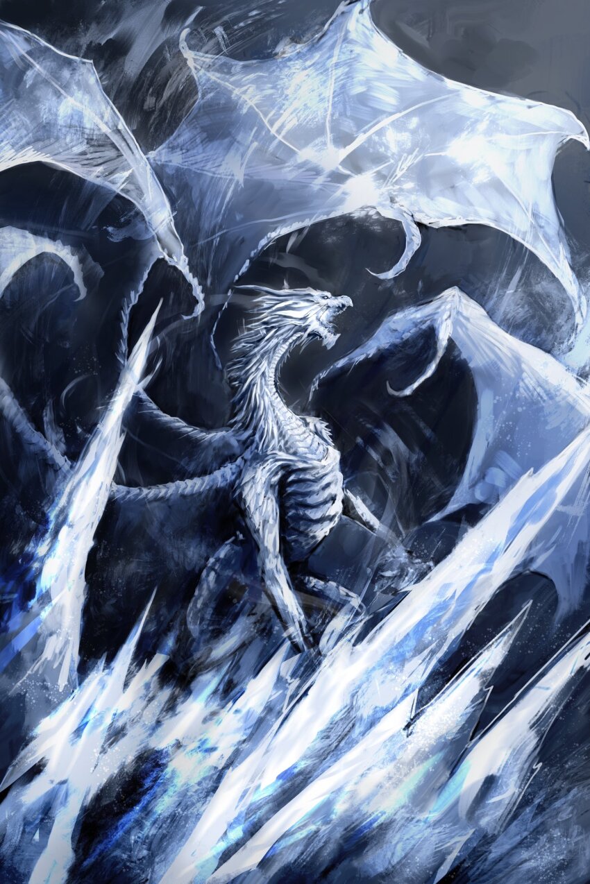 1girl, alivewake, caligo_miasma_of_night, dragon, dragon_horns, dragon_wings, elden_ring, elden_ring_nightreign, from_side, grey_background, highres, horns, ice, looking_to_the_side, magic, monster, monster_focus, multiple_wings, no_humans, open_mouth, scales, snow, solo, spikes, spread_wings, standing, western_dragon, white_eyes, white_scales, wind, wings