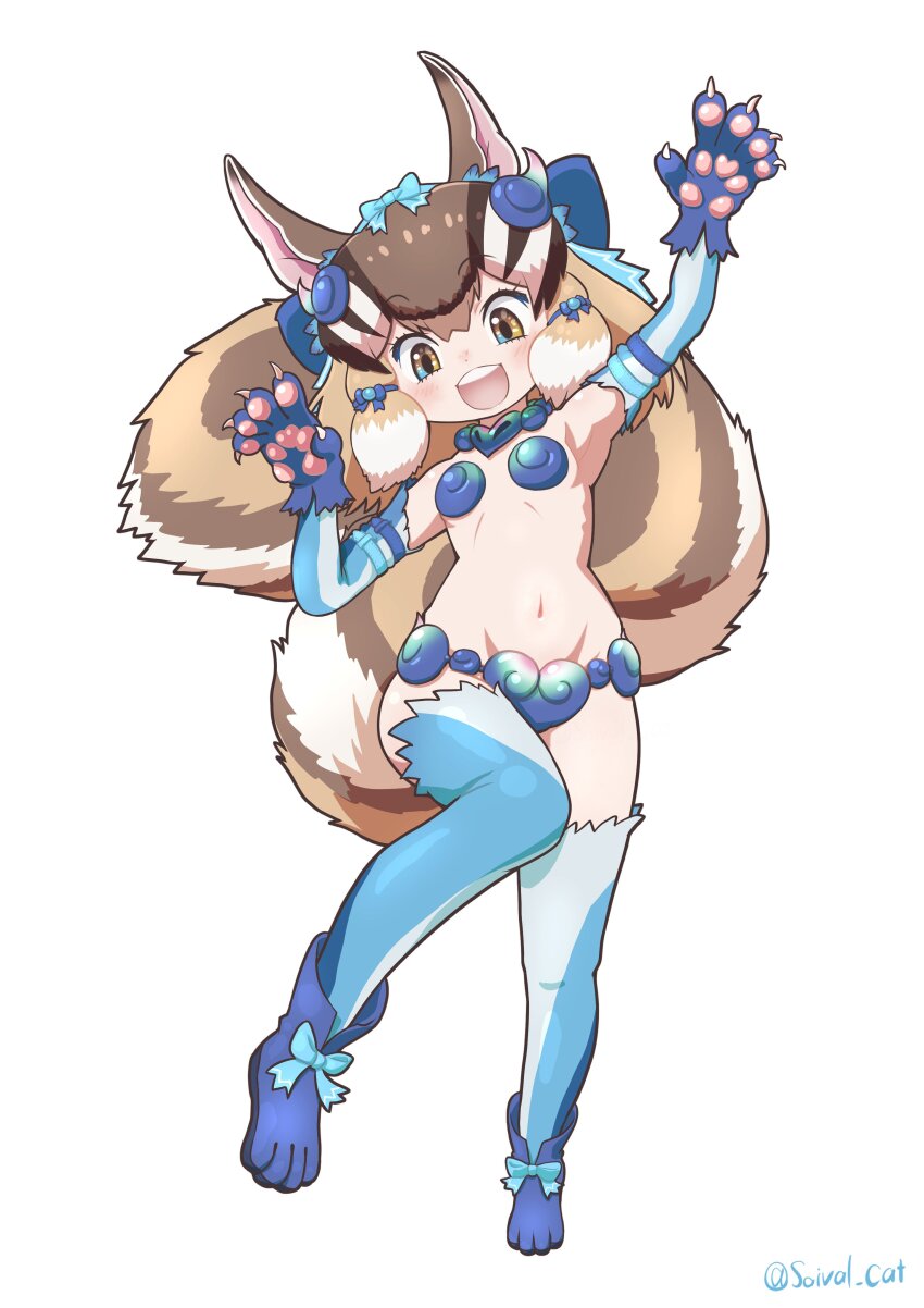 1girl, absurdres, alternate_costume, animal_ears, arm_up, armpits, bikini, blue_bikini, blue_ribbon, boots, brown_eyes, brown_hair, chipmunk_ears, chipmunk_girl, chipmunk_tail, choker, elbow_gloves, extra_ears, gloves, highres, kemono_friends, kemono_friends_v_project, looking_at_viewer, navel, ribbon, saival_cat, shiisaa_right, short_hair, siberian_chipmunk_(kemono_friends), simple_background, solo, swimsuit, tail, thighhighs, virtual_youtuber