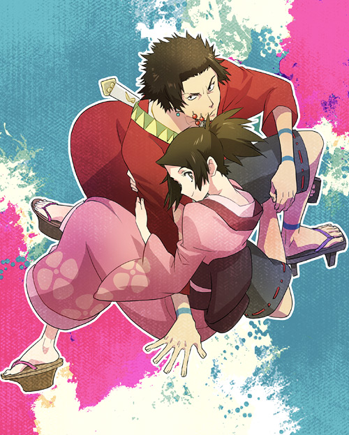 00s, 1boy, 1girl, brown_hair, couple, earrings, facial_hair, fuu_(samurai_champloo), geta, goatee_stubble, habuki, hetero, japanese_clothes, jewelry, kimono, mugen_(samurai_champloo), ponytail, samurai_champloo, smile, stubble