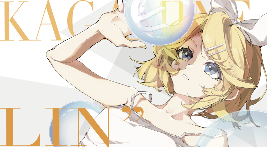 13165075695, 1girl, absurdres, bare_shoulders, blonde_hair, blue_eyes, bow, bubble