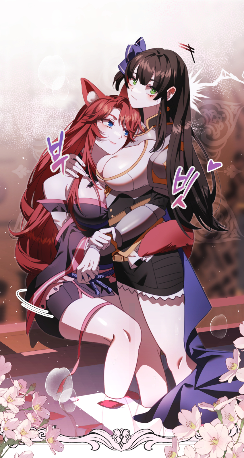 animal_ears, bamen, bow, brown_hair, ceri_(sakura_dungeon), commission, commissioner_upload, fox_ears, fox_tail, grabbing_another's_hand, green_eyes, hair_bow, head_on_chest, highres, hug, japanese_clothes, kimono, non-web_source, pink_hair, sakura_dungeon, standing, standing_on_liquid, tail, yomi_(sakura_dungeon), yuri