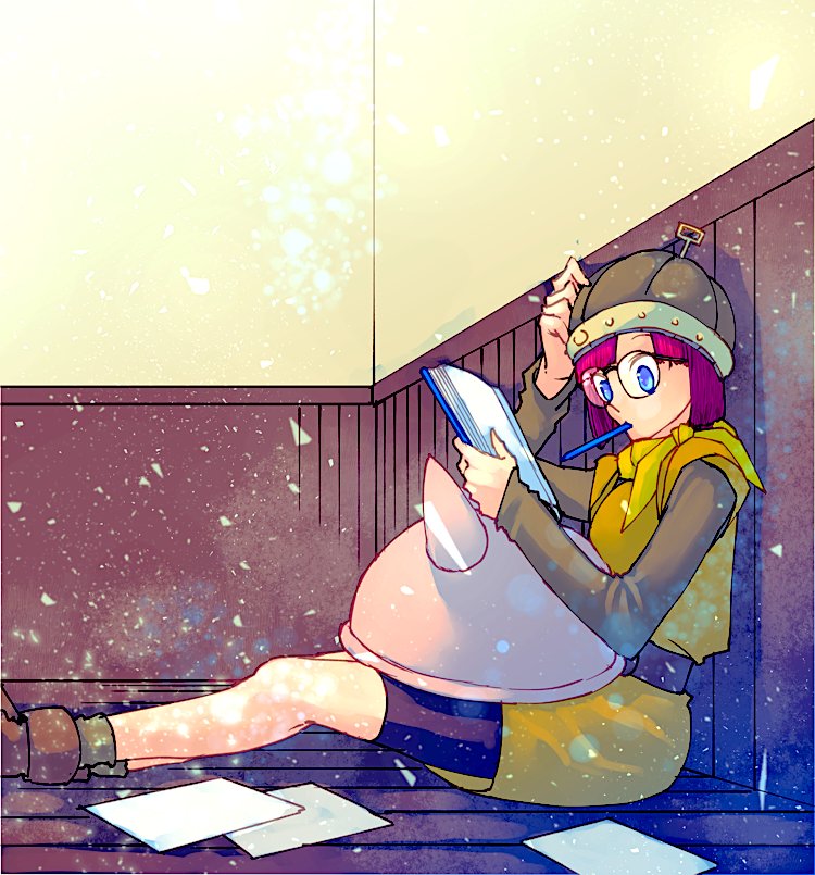 1girl, akitaka_(s_asai), belt, bike_shorts, blue_eyes, chrono_trigger, feet_out_of_frame, glasses