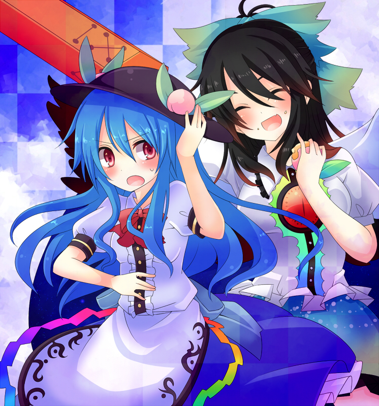 2girls, arm_cannon, bad_id, bad_pixiv_id, black_hair, blue_hair, blush, bow
